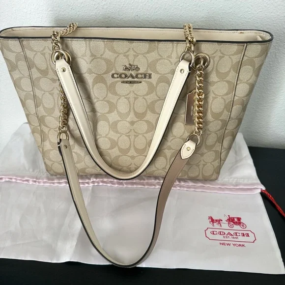 COACH Signature Ava Chain Tote Leather Handbag Shoulder Bag - Picture 1 of 15